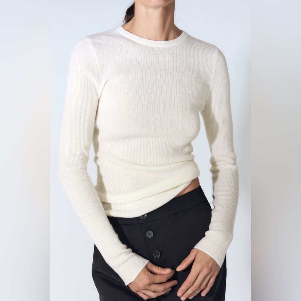 ZARA CASHMERE WOOL RIB KNIT CREWNECK LONG SLEEVE SWEATER TOP NEUTRAL Cream M